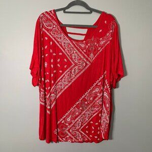NEW CJ Banks red white‎ handkerchief print open detail back stretch top shirt